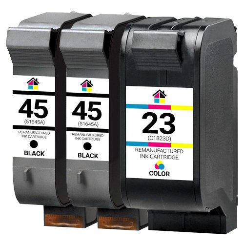 HP 45 & 23 (51645A/C1823D) Remanufactured Ink Cartridges 3PK – 2 Black, 1 Color